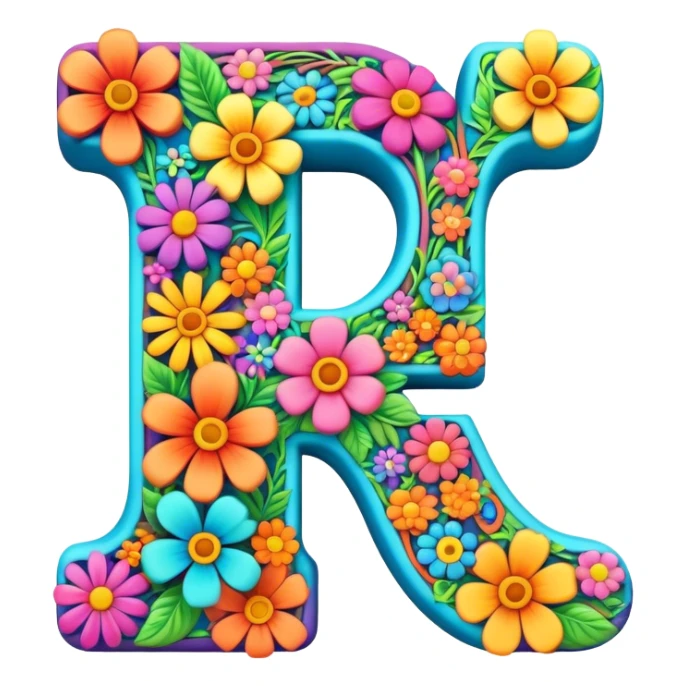 3D style, psychedelic colored Letter F with hippie style flower border sticker