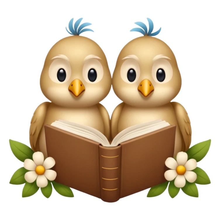 2 beige Birds reading books + flower sticker