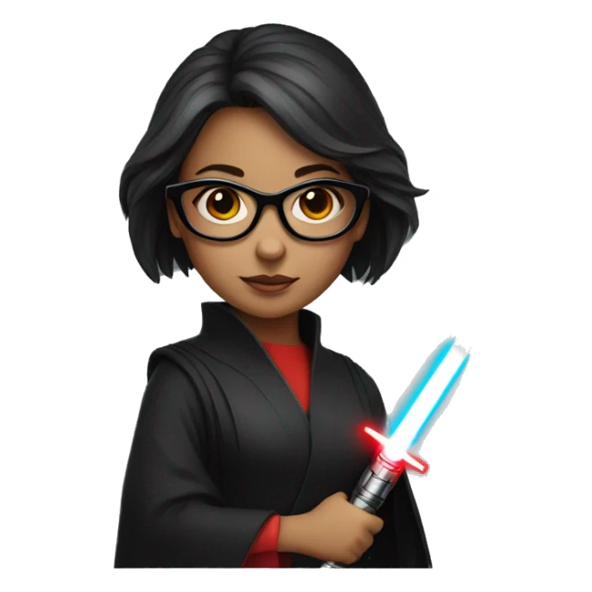 A girl with glasses with a red lightsaber sticker