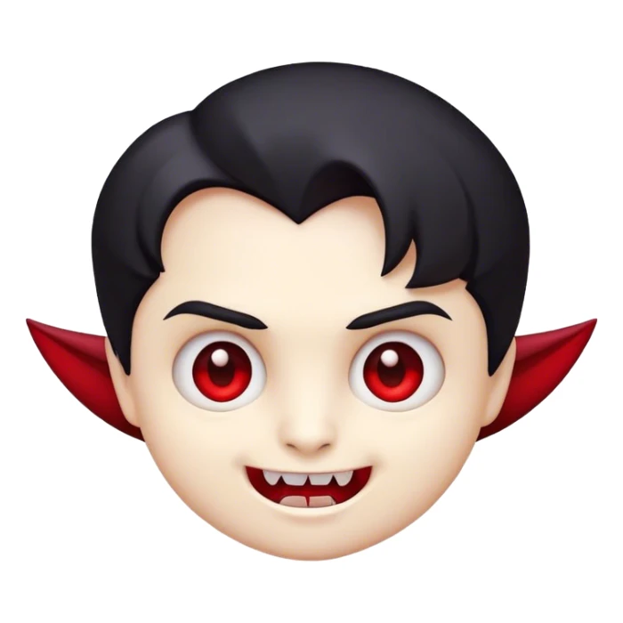 Cinematic Cute Vampire Portrait Emoji, with a refined yet playful small, rounded pale face accented by tiny, cute fangs and bright, twinkling eyes, sporting miniature elegant dark attire with a hint of crimson, simplified yet irresistibly charming, highly detailed with a soft glowing outline that captures the delightful duality of spooky sweetness and stylish allure! sticker