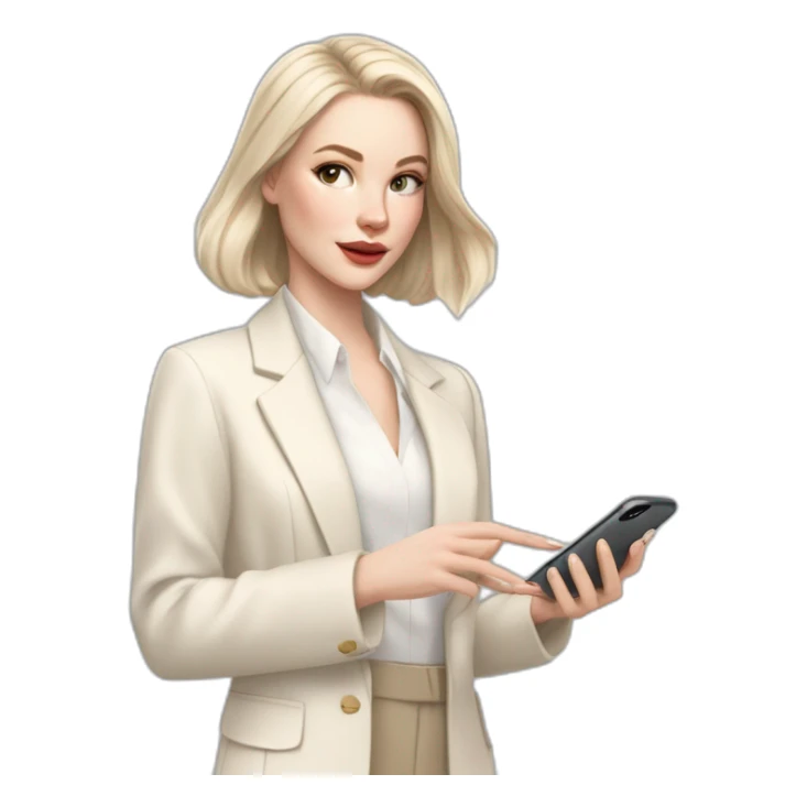 pale skin woman with ash blonde Straightened bob Hair, White Spacious classical jacket, beige palazzo Arrow pants and gray blouse holding white IPhone 15 pro in the hands sticker