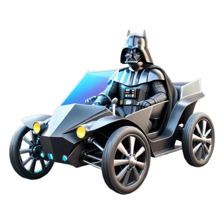 Mad max survival apocalypse ghostly sporty Darth Vader’s Batman-armored 1876 black graphite colored enclosed town buggy with horizontal holographic 3d stars painted on the body sides and neon under glow  sticker