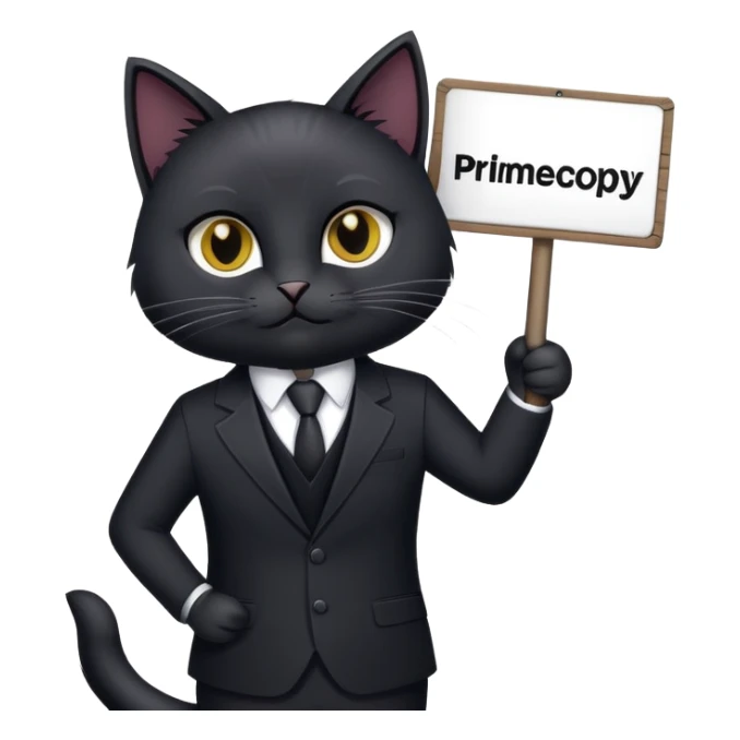 Black Cat in a black business suit holding a sign that says "PrimeCopy" sticker