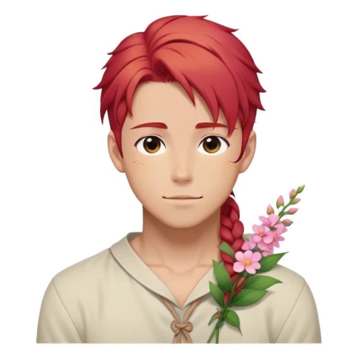 red hair with a thin side braid anime style handsome sexy gojo guy with blushing face and flowers aesthetic trending style outside sticker