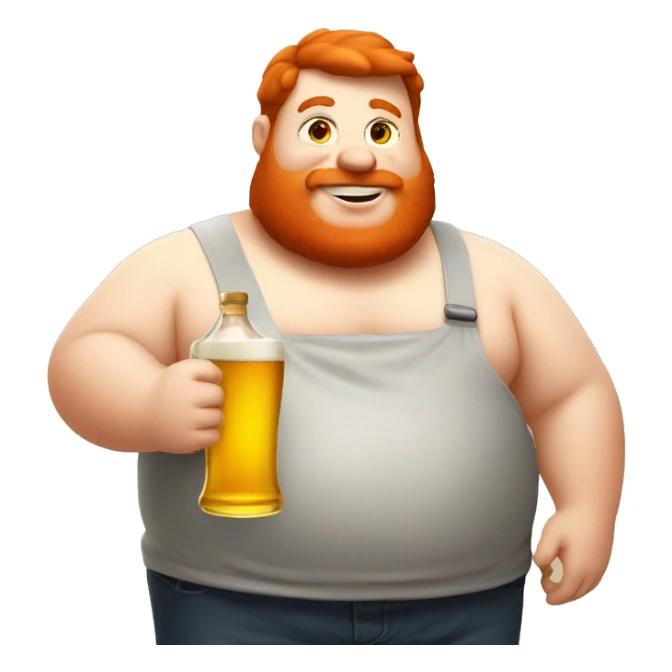 Fat red hair guy holding beer and cooking oil sticker