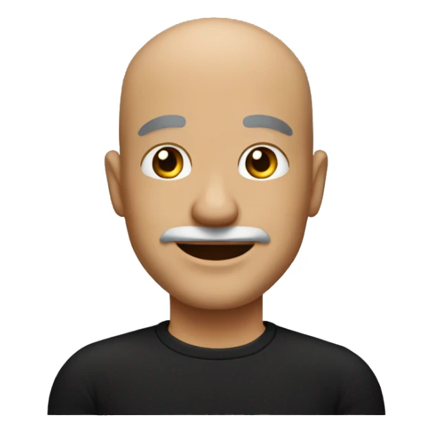 smiling bald men middle age with little mustache wearing black t-shirt sticker