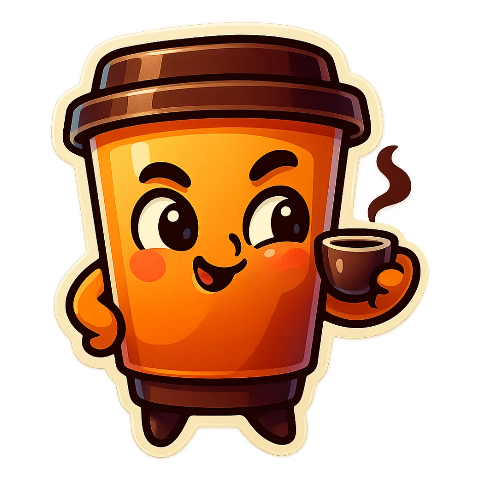 Tall coffee cup, intrigued, mischievous, drinking coffee, looking sideways sticker