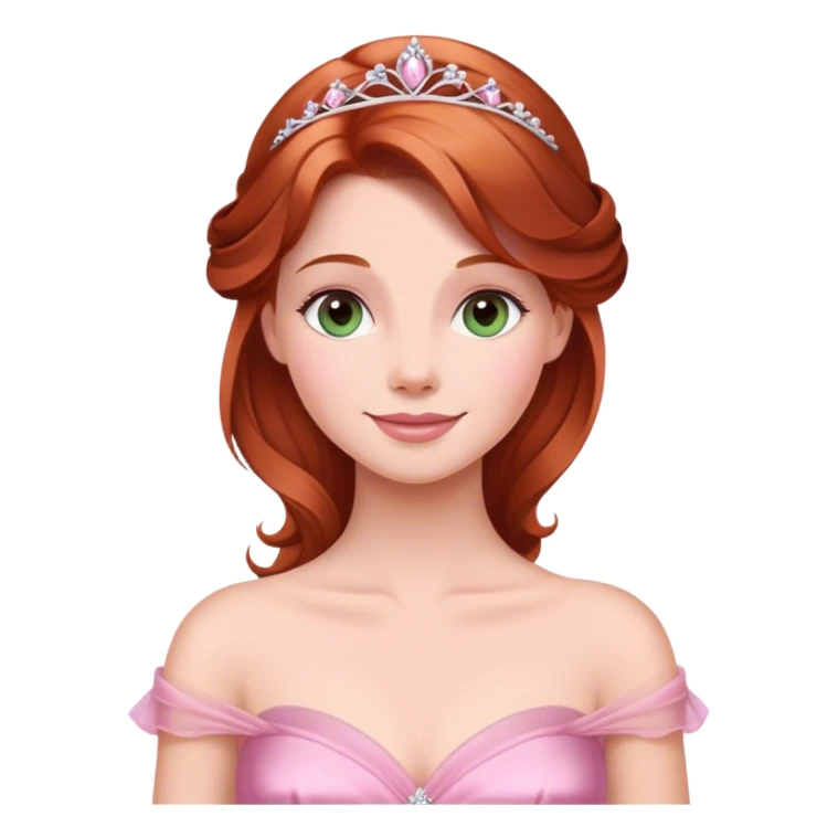 Cinematic Radiant Sleeping Beauty Portrait Emoji, rendered in a realistic, vector style with clean proportions. Show Aurora with a gentle smile, porcelain skin, and beautifully styled auburn hair, wearing her classic pink gown. The image glows with a soft, inviting radiance and high shine, accentuated by a soft glowing outline that enhances her graceful charm. sticker