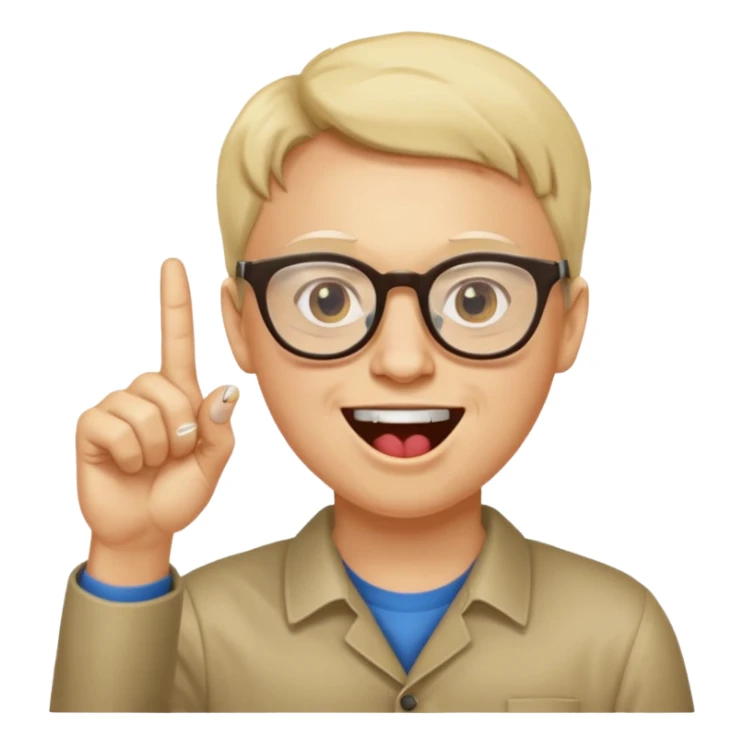 Somebody with Asperger’s who wears glasses as their eyes wide open, making a shit eating grin while having their pointer finger pointed up and at their mouth sticker