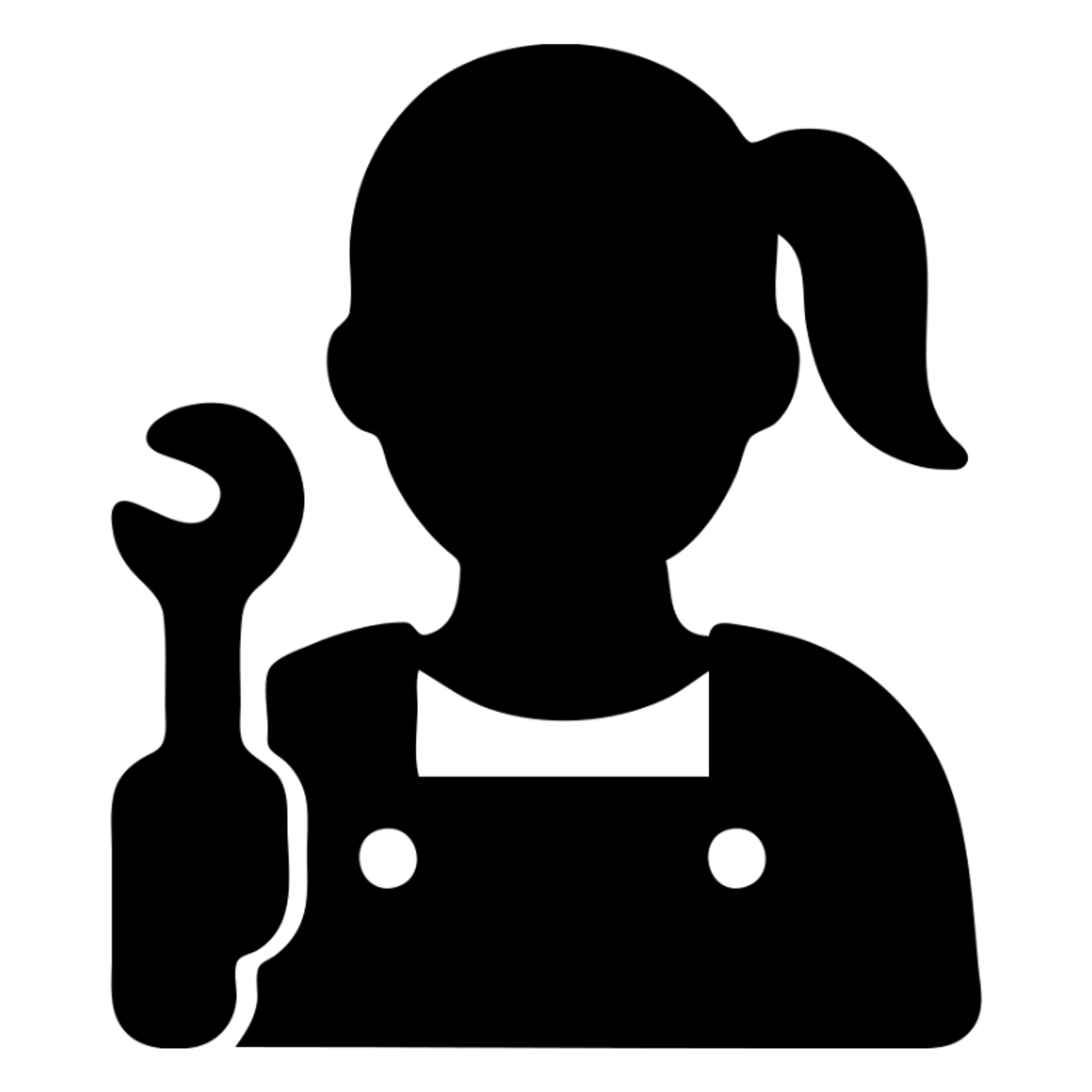 female plumber, woman with ponytail and wrench, minimal details, solid black icon style sticker