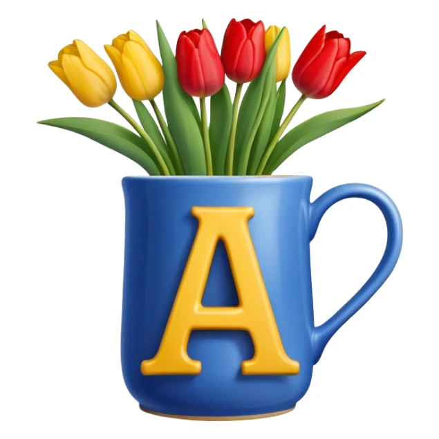 Blue mug with letter A and tulips laying in front  sticker