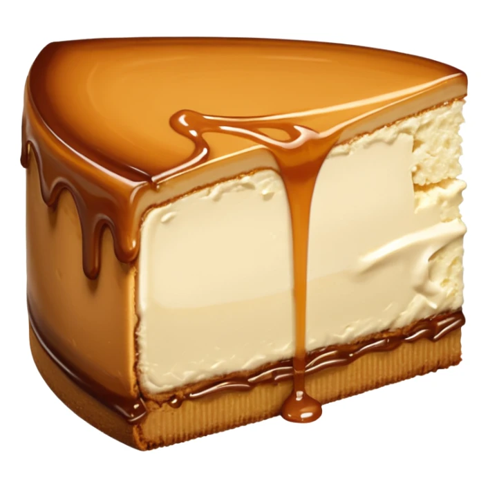 a slice of cheesecake. The base is made of light brown biscuit; the first layer of filling is caramelized dulce de leche, and the upper layer is creamy, light beige, and has a smooth texture. On top, there is a caramelized dulce de leche topping dripping down the center of the slice sticker