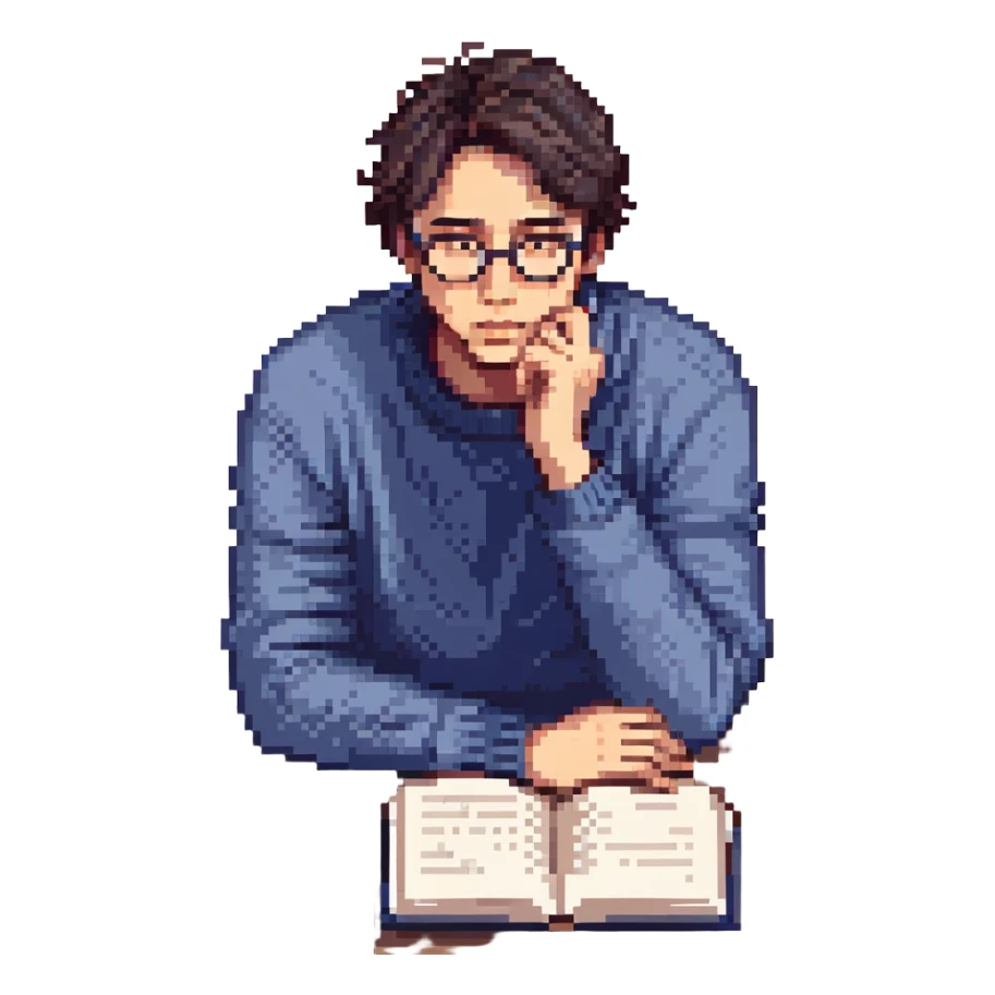 Flat pixel are, calm and curious male thinker, light skin, short tousled dark hair, round glasses, focused expression, wearing an indigo sweater, seated at a desk with open books, one hand resting under his chin in thought, waist-up, front-facing sticker