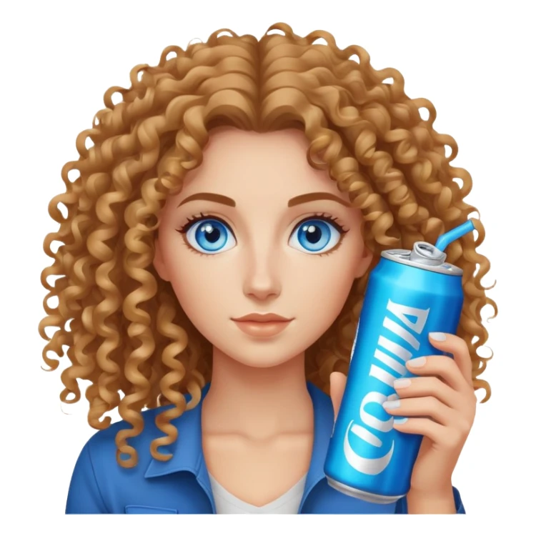 Curly haired, Blue eyed woman holding one alani energy drink can, no straw simple, long hair sticker