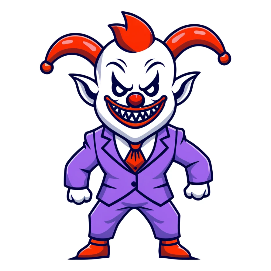 evil clown in a leisure suit with billy goat horns, fangs, pointed ears, standing in a fighting posture, battle-ready soldier sticker