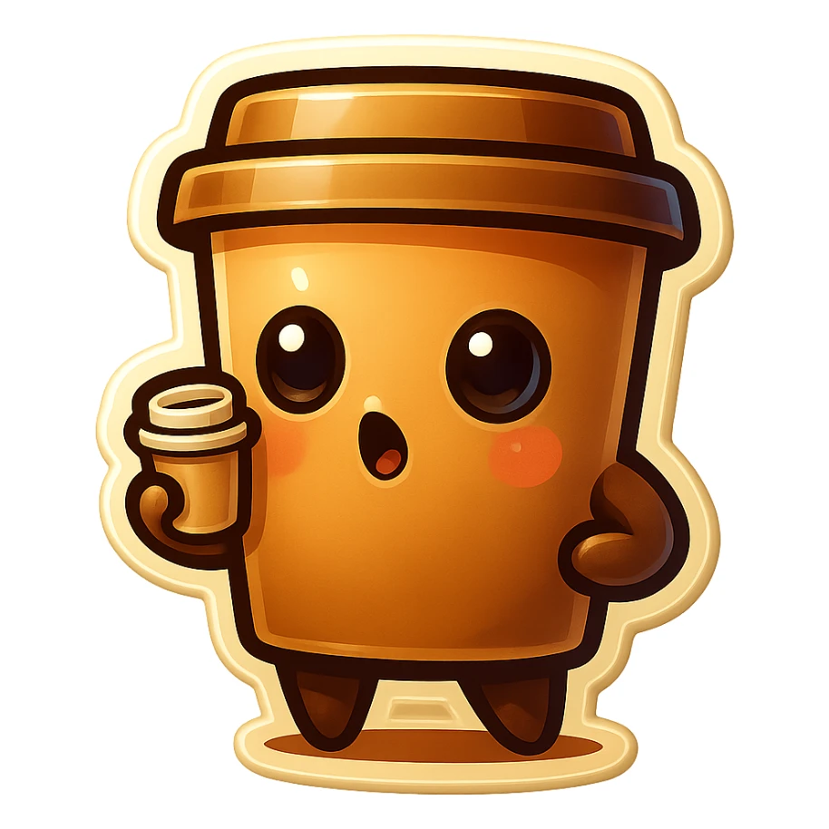 Tall coffee cup, intrigued, drinking, watching sticker