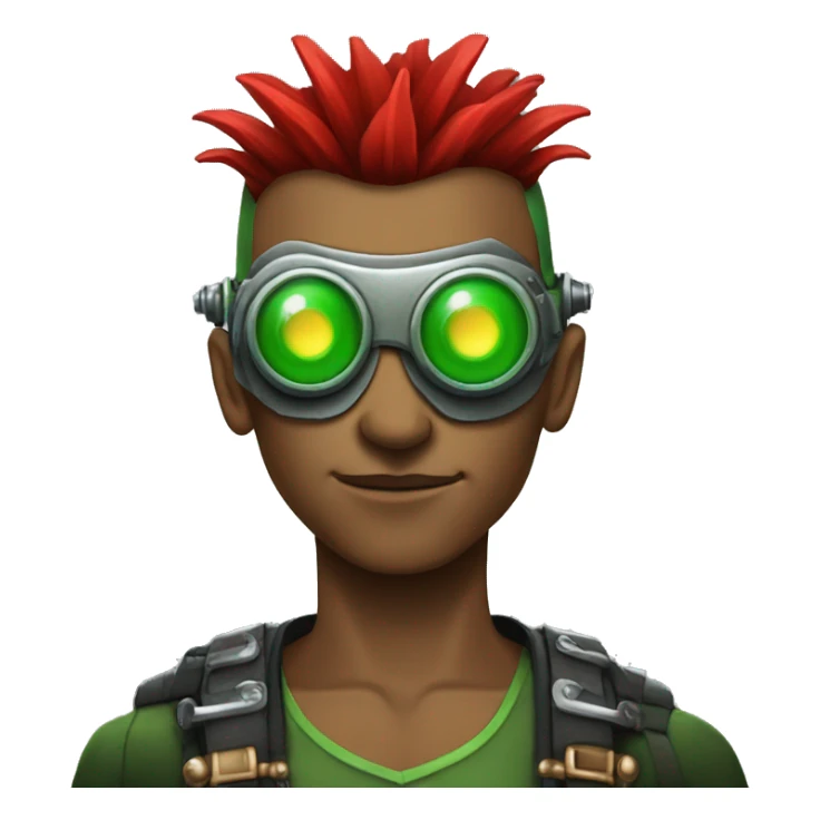 Male cyborg with thin red Mohawk and green steampunk goggles sticker