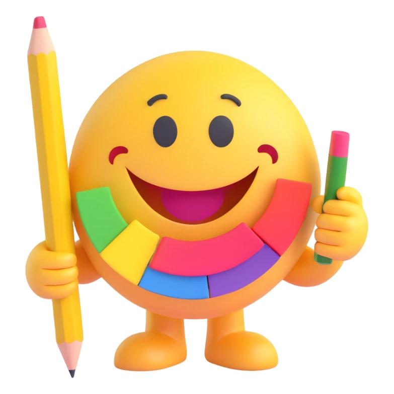 3D smiley emoji, round shape, interior designer with color swatch and pencil, text 'Belsőépítész' sticker