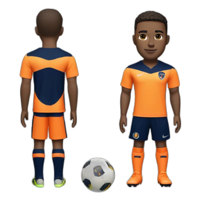 Light skinned Soccer player in tangerine top with navy sleeves, navy shorts with tangerine flash, navy socks with tangerine flash  and orange kit sticker