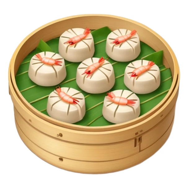 Cantonese dim sum bamboo steamer with shrimp dumplings, simplified emoji style with bold outlines and bright colors, cartoon style Chinese dim sum sticker