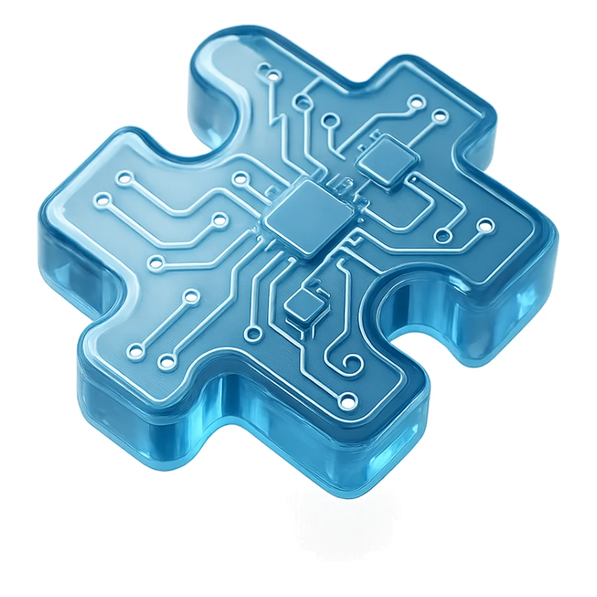 jigsaw puzzle piece with metallic circuit board pattern, glossy finish sticker