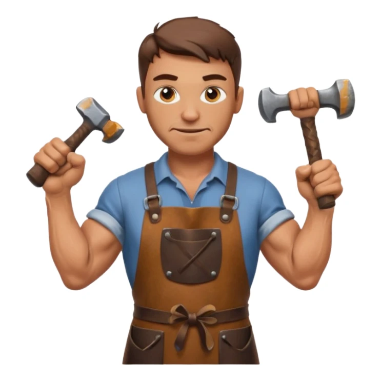 Emoji portrait of a Celtic blacksmith. Work clothes, muscular arms, holding a hammer and wearing a leather apron. sticker