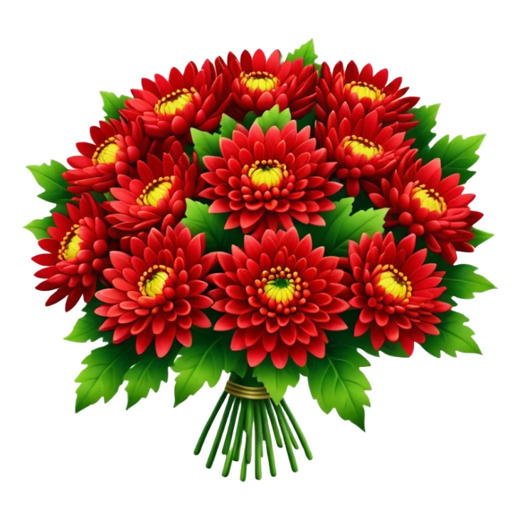 big bouquet Bright Red Chrysanthemum, luxuriant, leaf, bud sticker