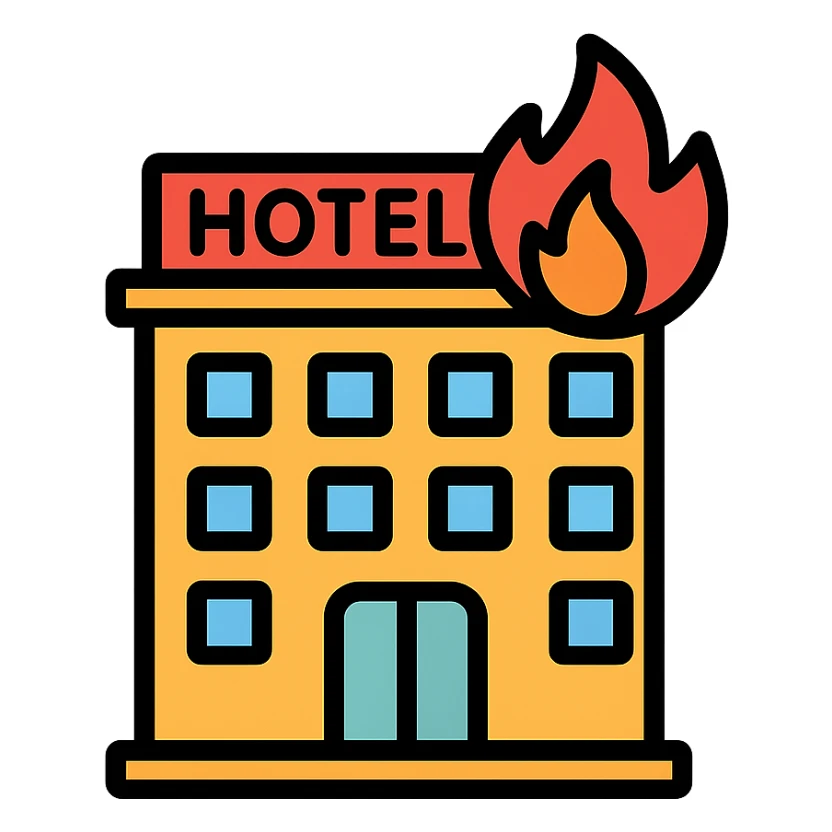 fire hotel, color icon style, clear outlines, simple and recognizable sticker