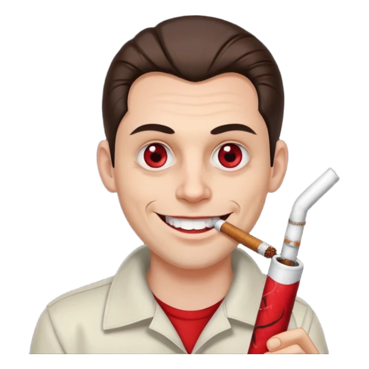 A white man with dark brown hair in a ponytail, oversized bloodshot eyes, grinning, smoking a long spliff  sticker