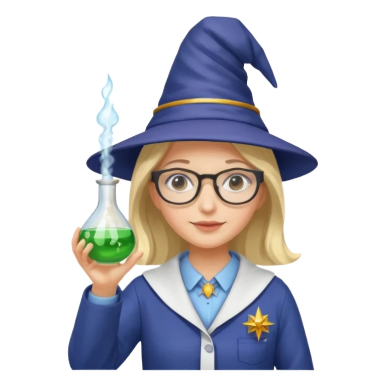 woman scientist with glasses, wearing wizard hat custome, with glass vase sticker