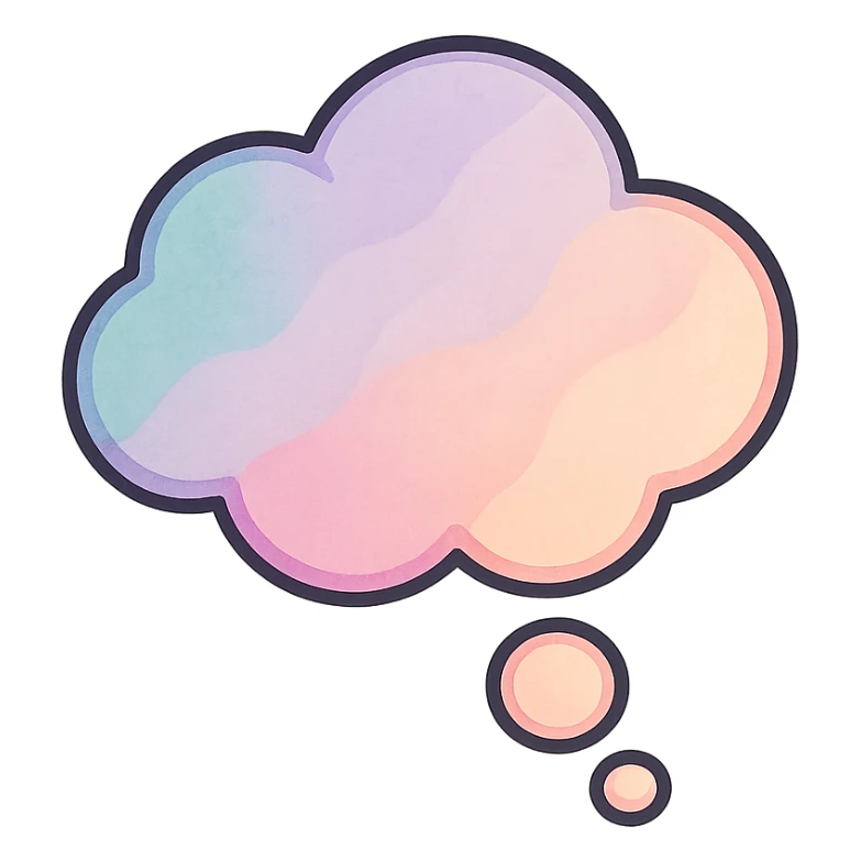 thought cloud with watercolor effect, well detailed, detailed shadows and highlights, thin clean contours, soft rounded shapes, pastel palette #98B5BC, #B5B3C1, #C9A3C9, #E4C0CA, #F7DCD1, #F7C0AA, modern Japanese pop art and sticker aesthetic, soft lighting, transparent background sticker
