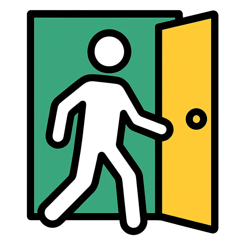 minimalistic icon of a white human figure walking through an open outlined door, viewed from the front, door with visible doorknob, solid green background, flat simple clean lines, high contrast sticker