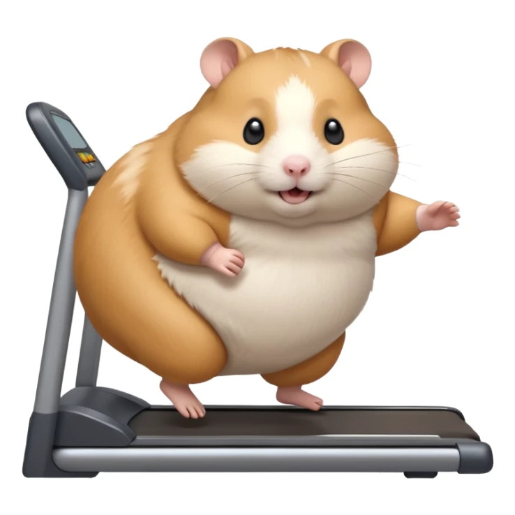 fat hamster big belly trying to run on treadmill sideways desperately trying to catch up with speed sticker