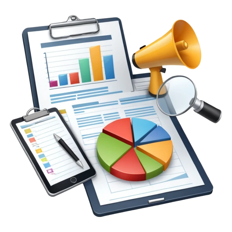 An icon featuring a pie chart, a megaphone, and a clipboard with strategy plans, symbolizing management and marketing. The design includes upward-trending graphs set against a modern office backdrop. Transparent background emphasizes business strategy and communication. sticker