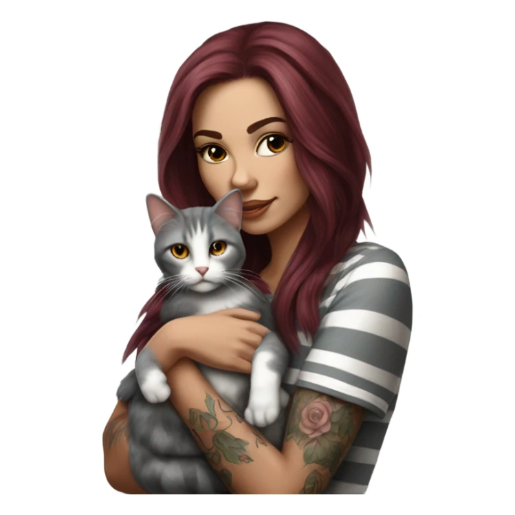 Beautiful burgundy haired tattooed woman holding gray and white striped long hair cat sticker