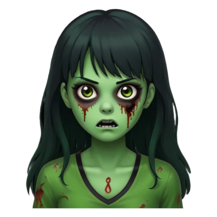 faça uma garota na forma de zumbi com a pele verde, assustada e com os olhos pretos escuros, com o cabelo preto longo e com franja e a roupa decotada preta sticker
