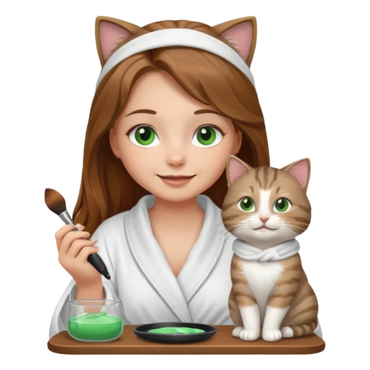 A image of a girl with light long brown hair wearing a bathrobe doing her makeup with her chubby grey tabby cat. She is smiling sticker