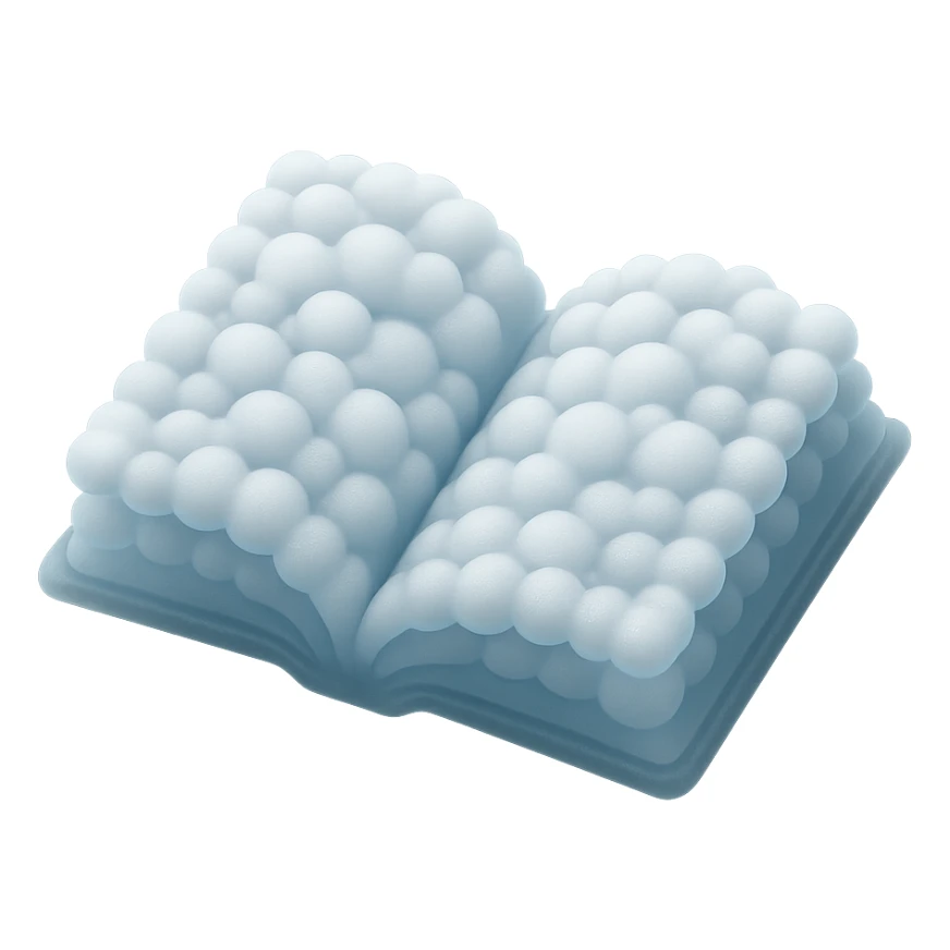 thick open book made entirely of small, very bright white fluffy convex clouds, matte glass style sticker