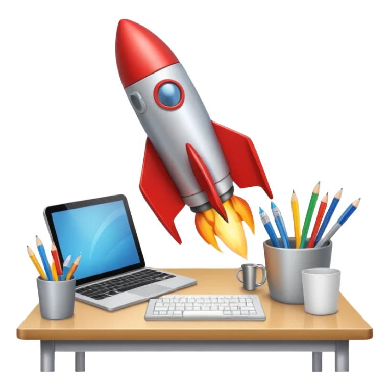 rocket taking off from a desk with office supplies, representing a business launch, clean modern emoji style sticker