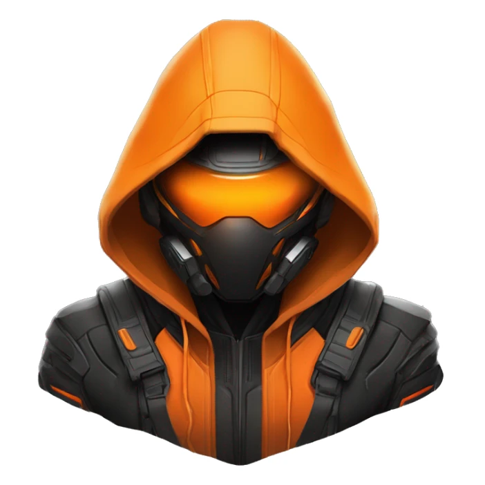 Side view developer behind his laptop with this style : crysis Cyberpunk Valorant orange glowing bright orange character orange black hooded assassin themed character sticker