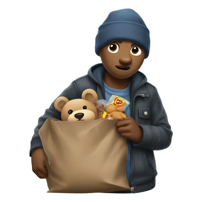 A clumsy and tender-hearted burglar, dressed in mismatched clothes, with a nervous yet kind expression, holding a sack of stolen goods spilling out with harmless items like teddy bears and cookies. sticker