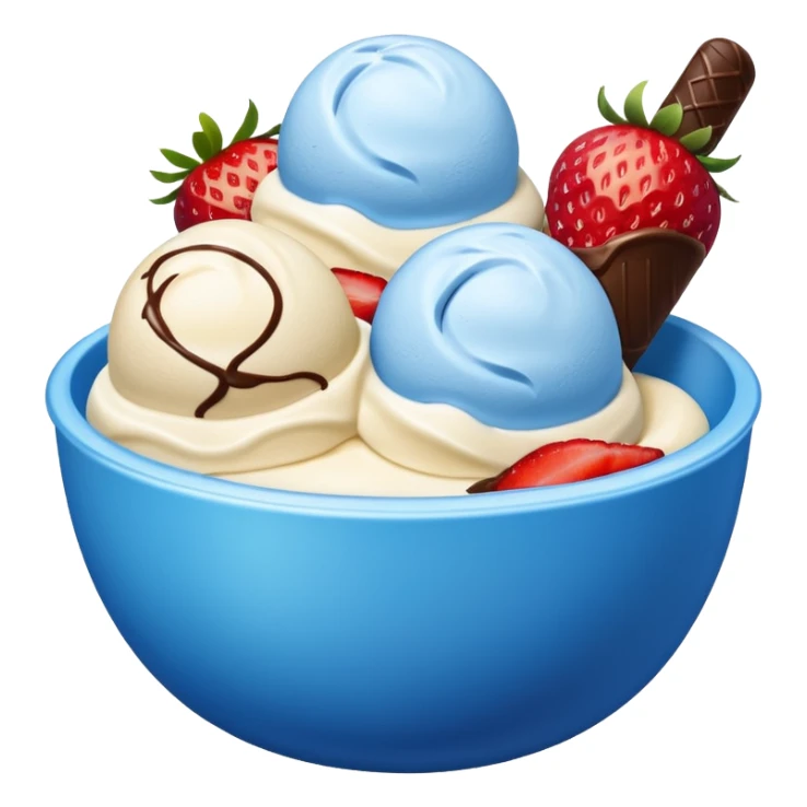 Blue bowl with just 3 scoops of ice cream in it: white, brown, and pink sticker