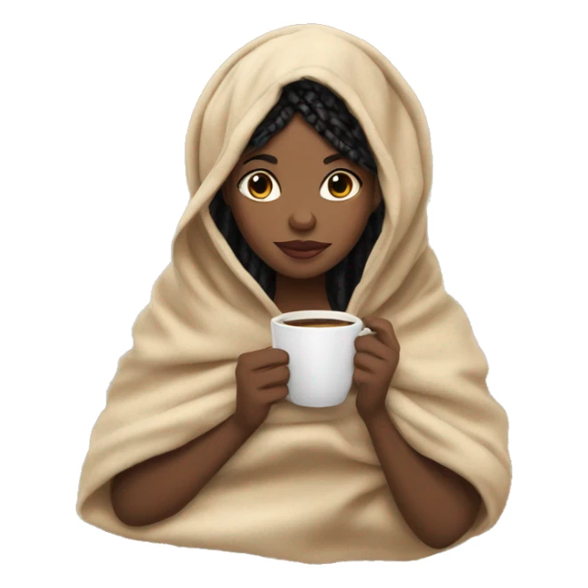 African American girl with black medium knotless braids drinking coffee with a blanket around her head and body  sticker