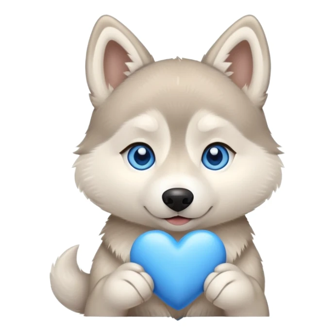 Beige husky with blue eyes holding a blue heart sticker