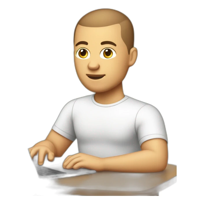 software engineer (white male, brown buzz cut hair, white gold earrings) in front of laptop, apple-style sticker