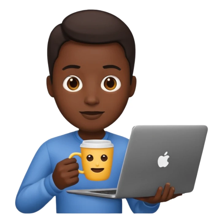 developer emoji, person with a coffee cup and laptop, black skin tone sticker