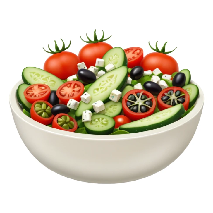 mediterranean salad bowl object icon, tomatoes, cucumbers, olives, feta cheese, olive oil dressing, 3D cartoon, mobile game icon style, clean background, no text, no watermark
 sticker
