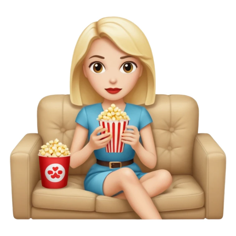 Stylish white woman with makeup watching tv with popcorn on beige couch sticker