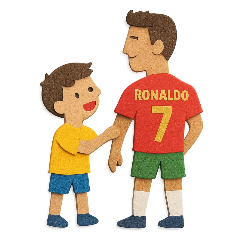 rapaz a conhecer o Cristiano Ronaldo, paper craft style sticker