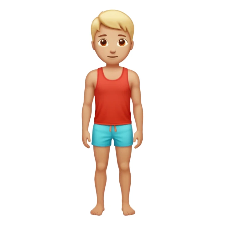 Emoji-style person standing in beach shorts, skin visibly sunburned and red on arms, legs, and face, but chest and shoulders clearly lighter with tank top tan lines. Expression shows mild pain or discomfort, cute rounded emoji design, soft 3D shading, vibrant colors sticker